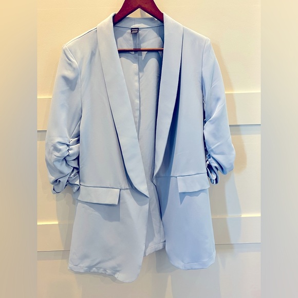 NWOT SHEIN BIZwear Shawl Collar Gathered Sleeve Flap Detail Blazer Workwear Blue - Picture 2 of 4